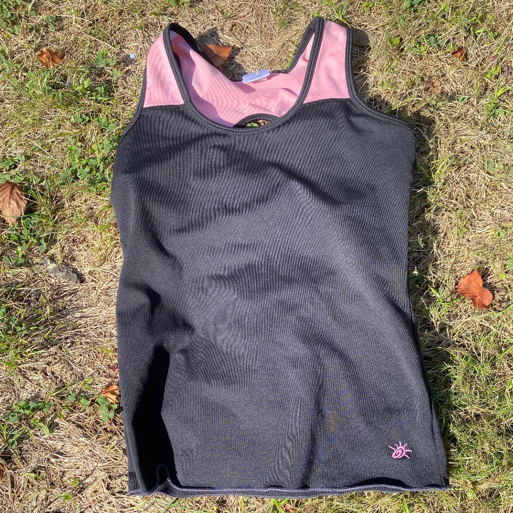 Pink and black sleeveless shirt
